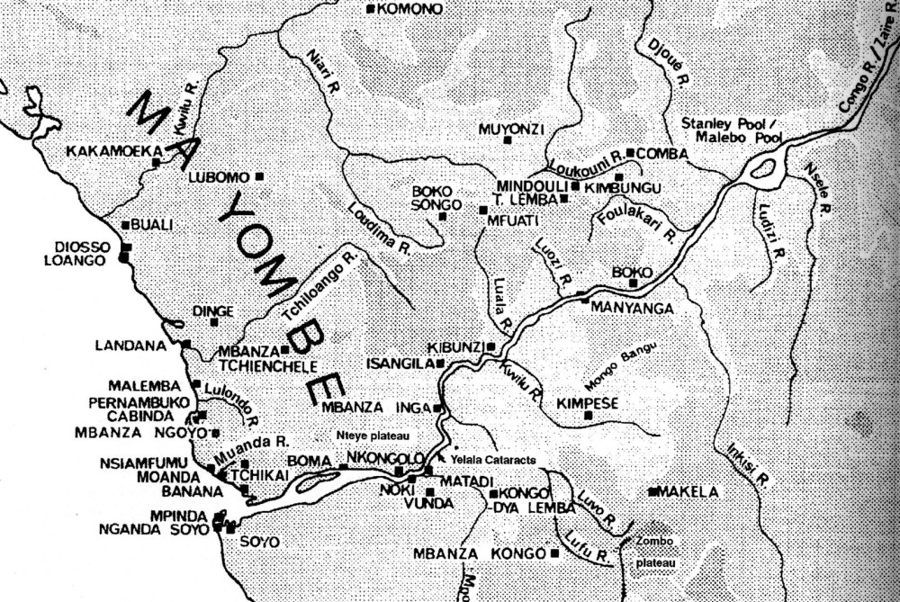 Karte 2: Königreich Ngoyo. Minenfelder von Boko Songo und Minduli. Handelsplatz Manyanga. Stanley Pool (Pool Malebo). (aus Volavka, 1998)