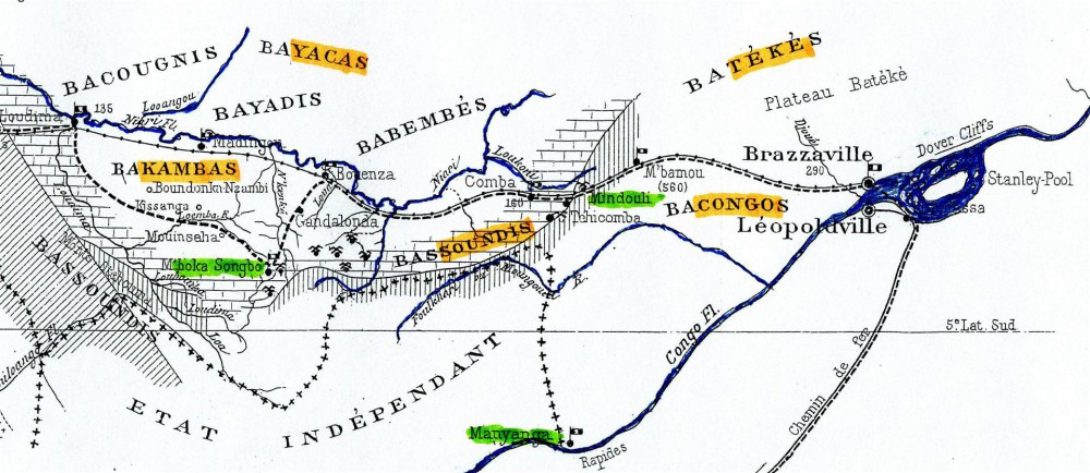 Karte 3: Volksgruppen in der Region der Kupferminen von Boko Songo und Minduli: Kamba, Sundi, Teke, Kongo, Yaka. Handelszentrum Manyanga. Stanley Pool. (Aus Levat, 1907)