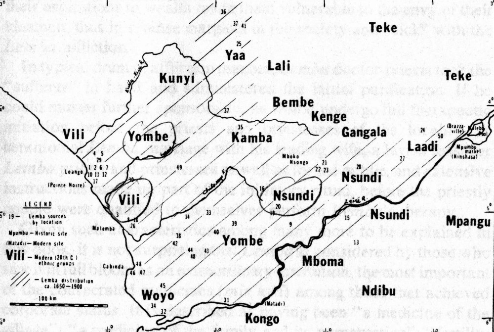 Karte 5: Verbreitung des lemba Kultes anhand ethno-geographischer, textlicher und materieller Quellen. (aus Janzen, 1982)